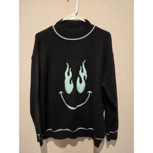 Adika Women's Oversized Smiley Face Slow Burn Sweater Blue Pullover Size M